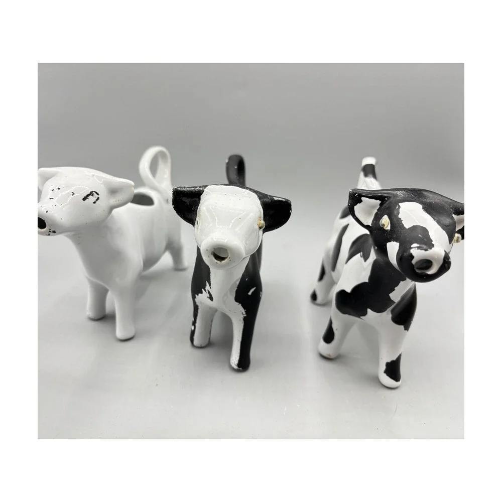 Ceramic Cow Creamer Set of 3 Black White Spotted Farmhouse Kitchen Decor